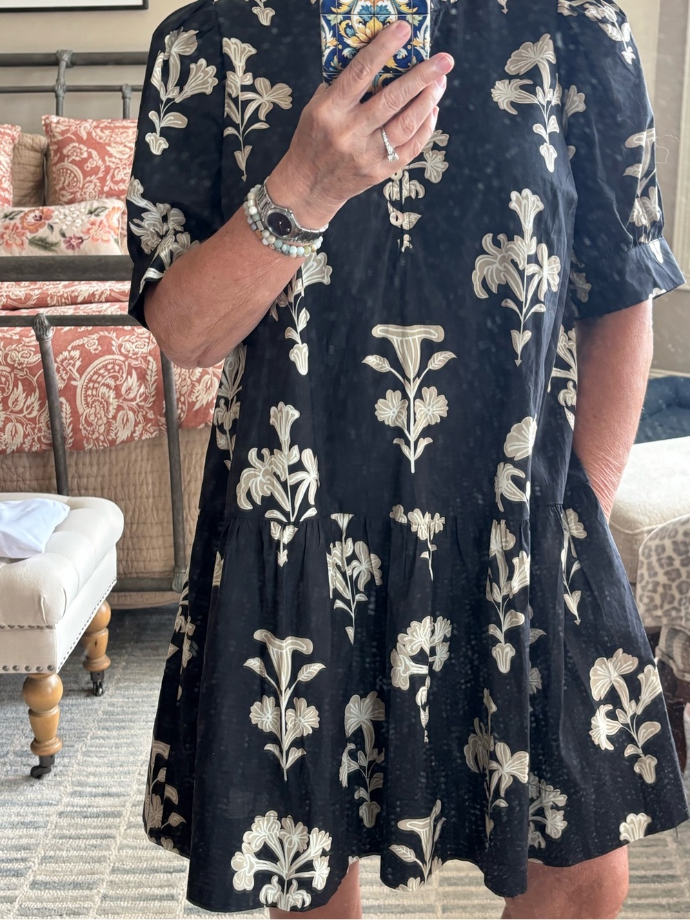 Black Floral-Print Dress with Cream Motif -